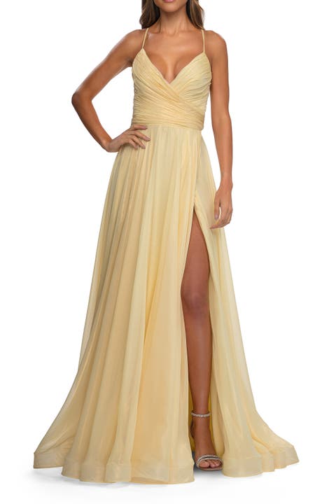 Metallic Chiffon Prom Dress with Flowing Skirt
