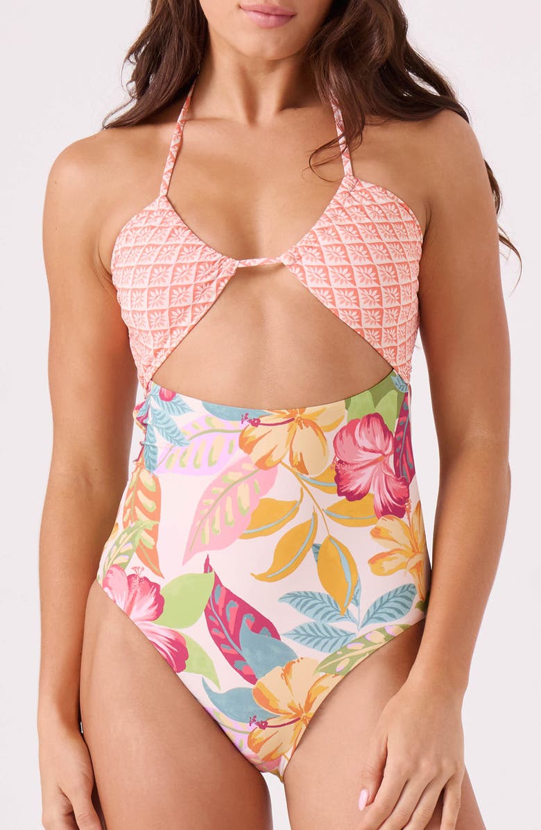 Roxy Hot Tropics Peek-a-Boo One-Piece Swimsuit, Main, color, Tropic Multi