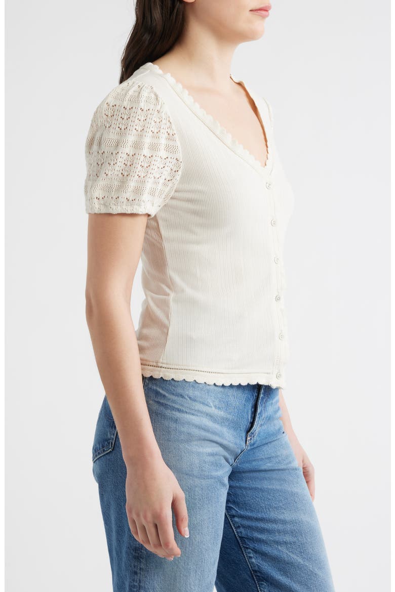 Rib Knit Short Sleeve Button-Up Shirt, Alternate, color, CREAM