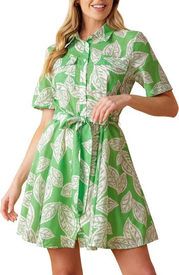 Flying Tomato Short Sleeve Mini Shirtdress In Apple Green