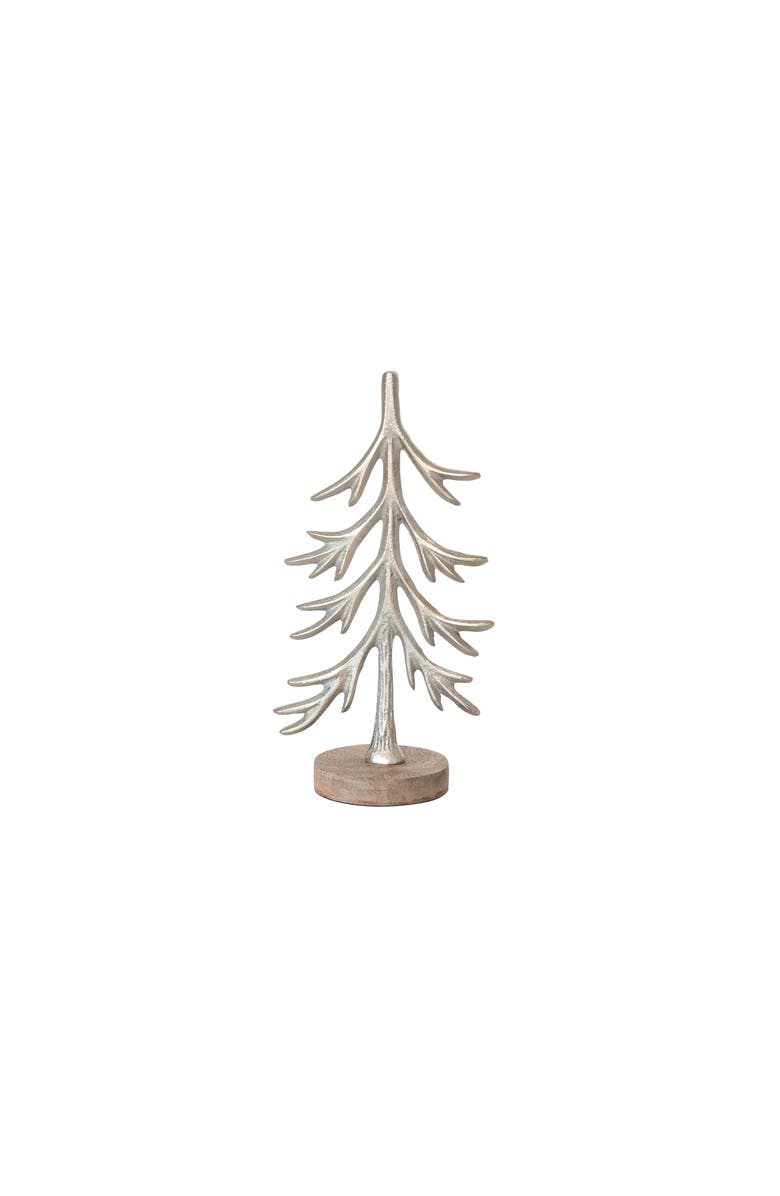 Storied Home Cast Aluminum Tree with Mango Wood Base, Silver Finish, Main, color, Silver