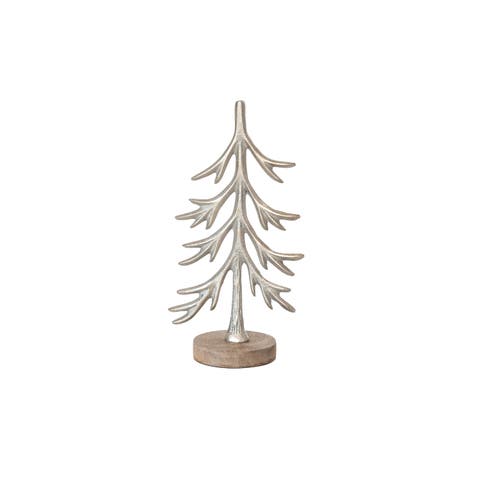 Cast Aluminum Tree with Mango Wood Base, Silver Finish