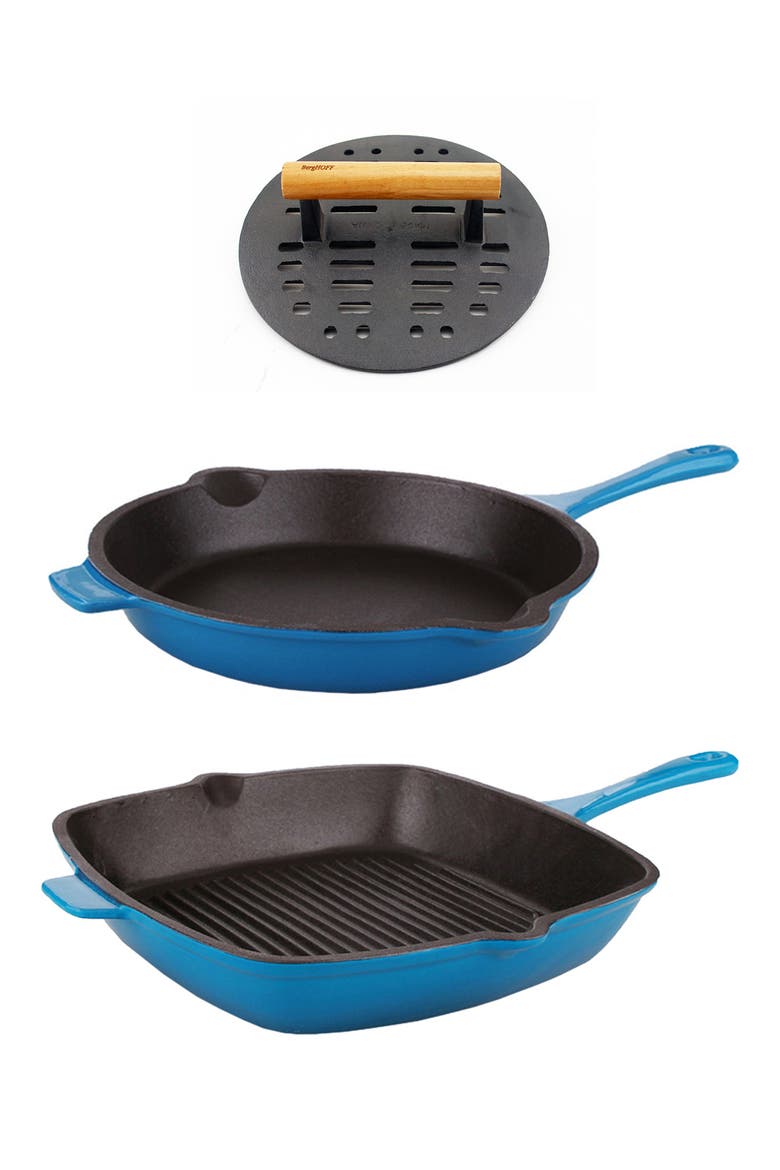 INTERNATIONAL Neo Blue Cast Iron Fry Pan, Grill Pan & Slotted Steak Press 3-Piece Set, Main, color, BLUE