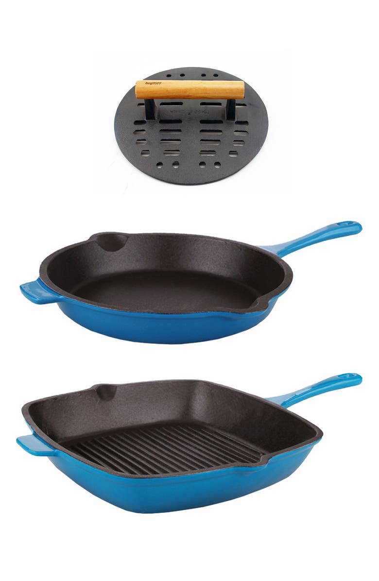 BergHOFF INTERNATIONAL Neo Blue Cast Iron Fry Pan, Grill Pan & Slotted Steak Press 3-Piece Set, Main, color, Blue