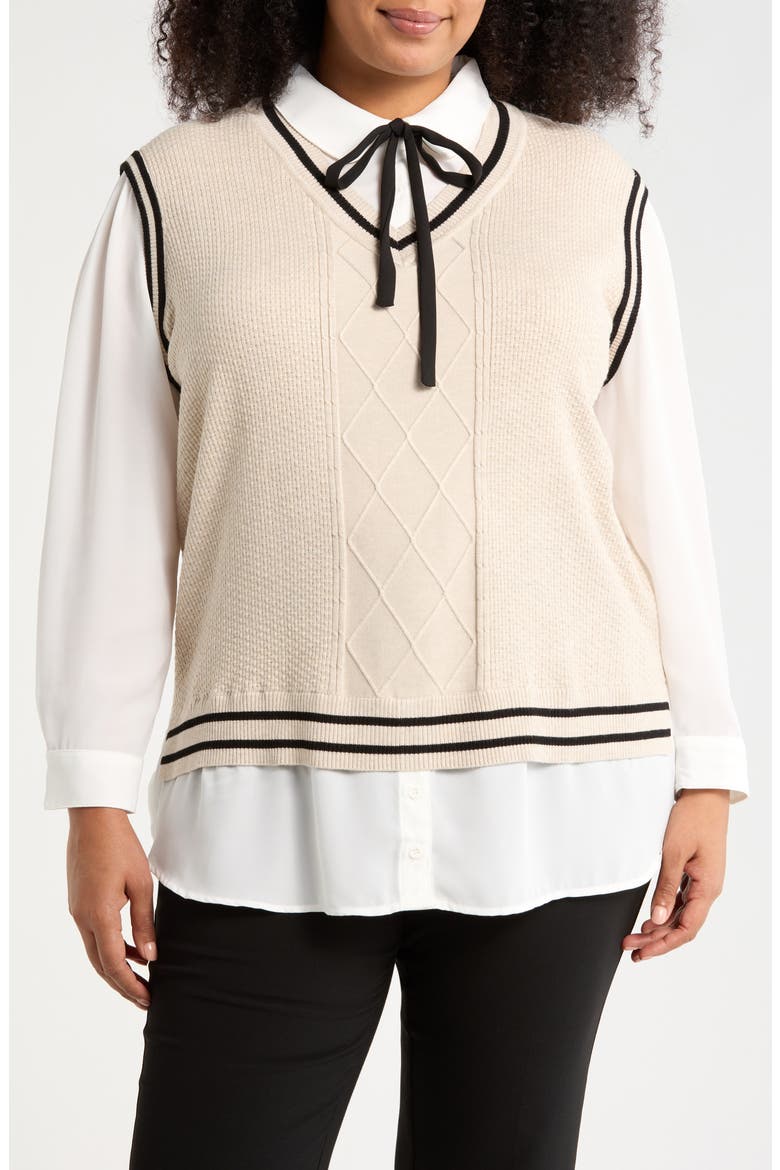 V-Neck Twofer Sweater, Main, color, NEUTRAL/ BLACK