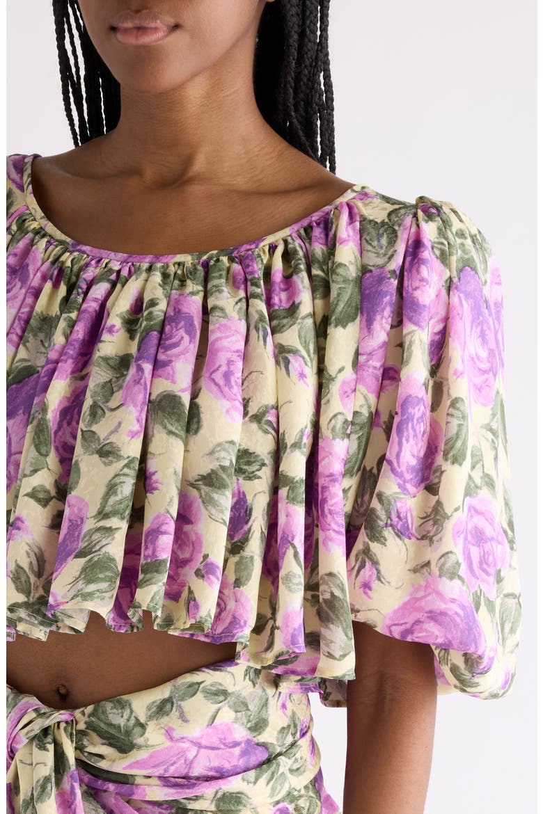 Rose Print Silk Crop Top, Alternate, color, YELLOW - PURPLE