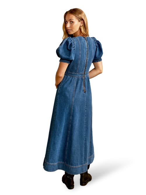 Ro&zo Denim Short Puff Sleeve Midi Dress In Blue
