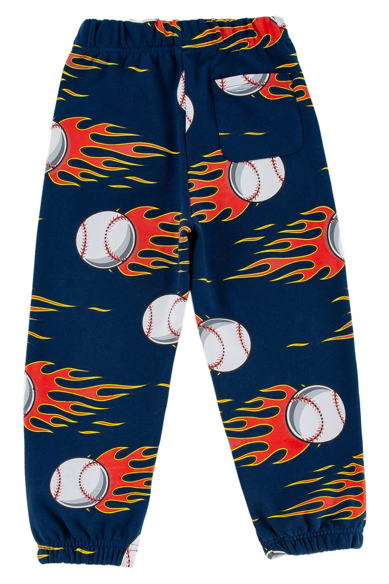 Kids' Flaming Baseball Print Fleece Sweatpants, Alternate, color, BLUE