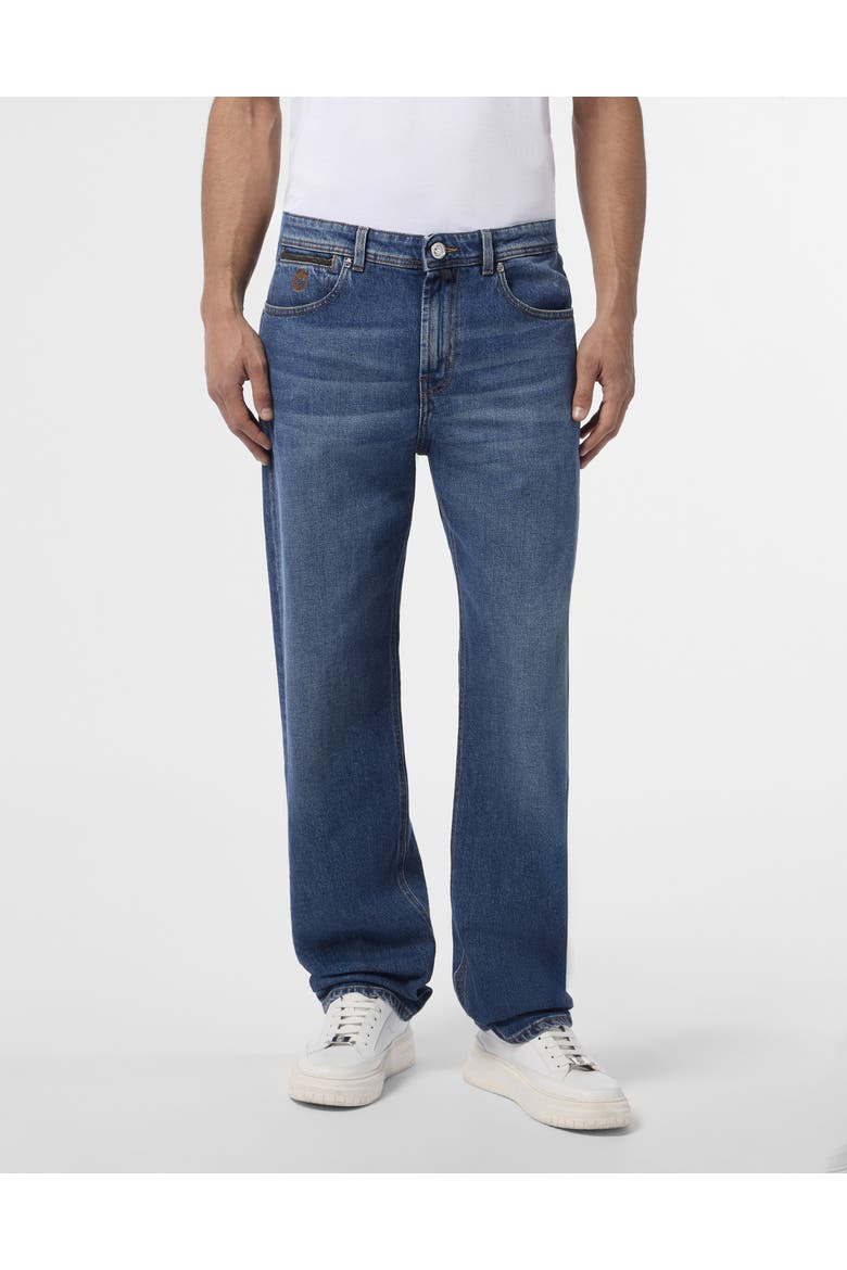 Relaxed Fit Jeans Leather Details Men, Main, color, middleblue
