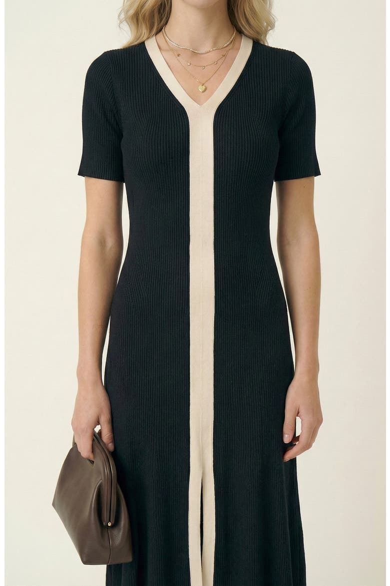 Ribbed Knit Contrast Placket Midi Dress, Main, color, Black