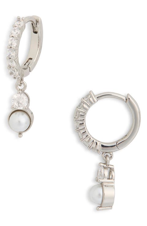 Cubic Zirconia & Pearl Drop Huggie Hoop Earrings