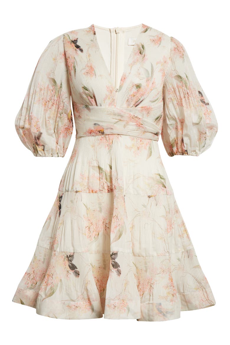 Floral Plissé Fit & Flare Dress, Alternate, color, CORAL BIRDS