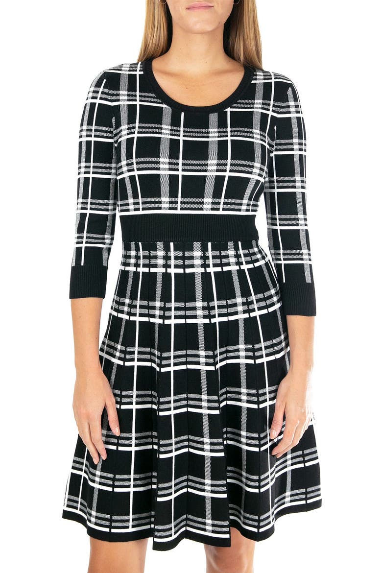 Plaid Scoop Neck Jacquard Dress, Alternate, color, BLACK/WHITE