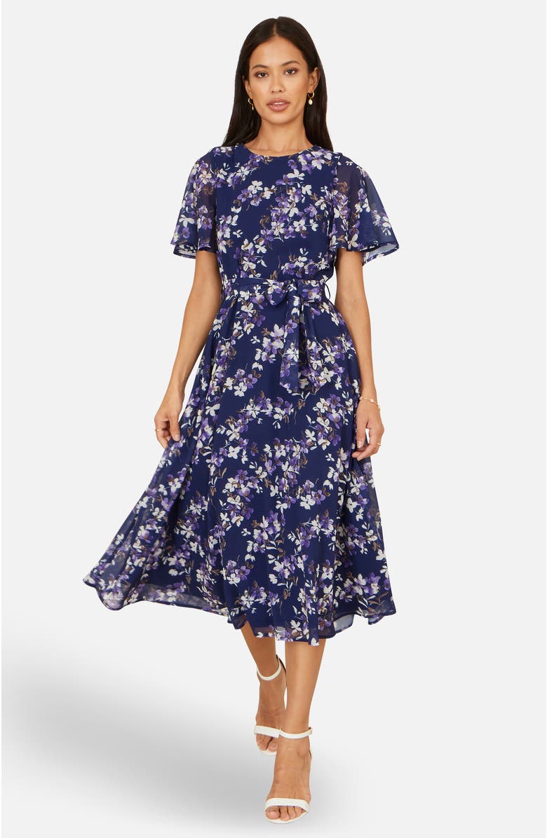 Yumi Blossom Print Midi Skater Dress, Alternate, color, Navy