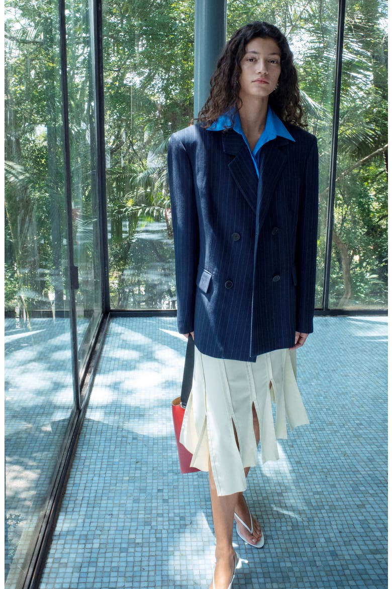 Belted Pinstripe Jacket, Alternate, color, NAVY