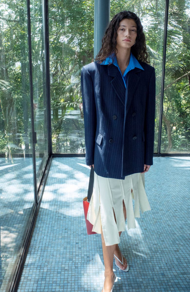 MANGO Belted Pinstripe Jacket, Alternate, color, Navy