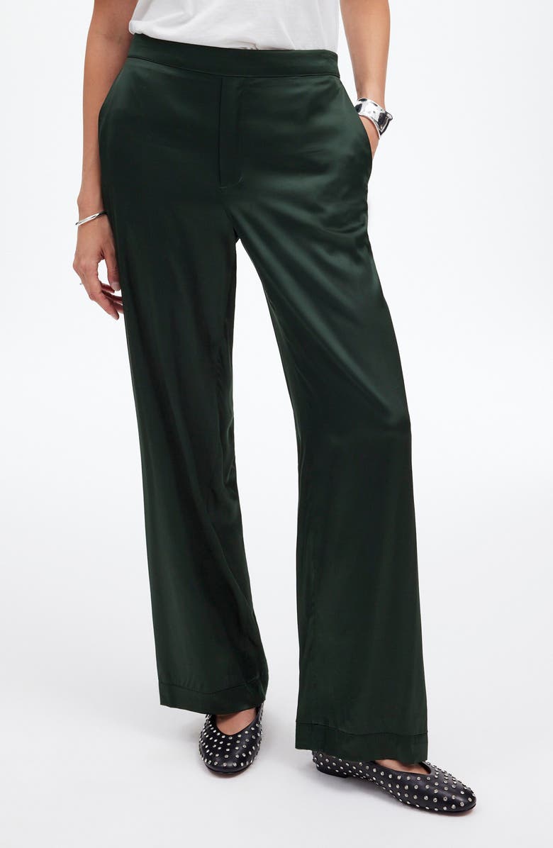 Madewell Pull-On Straight Stretch Satin Pants, Main, color, Luxury Forest
