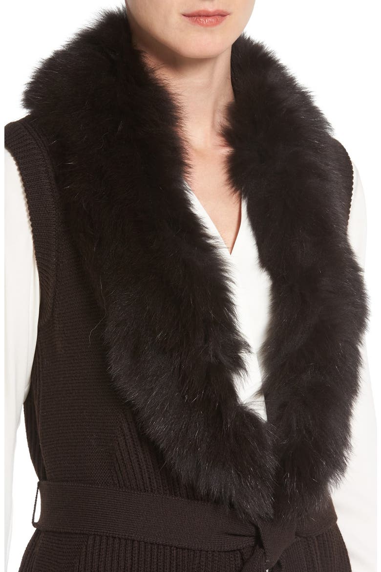 'Kyla' Belted Merino Wool Sweater Vest with Genuine Fox Fur Collar, Alternate, color, CHOCOLATE