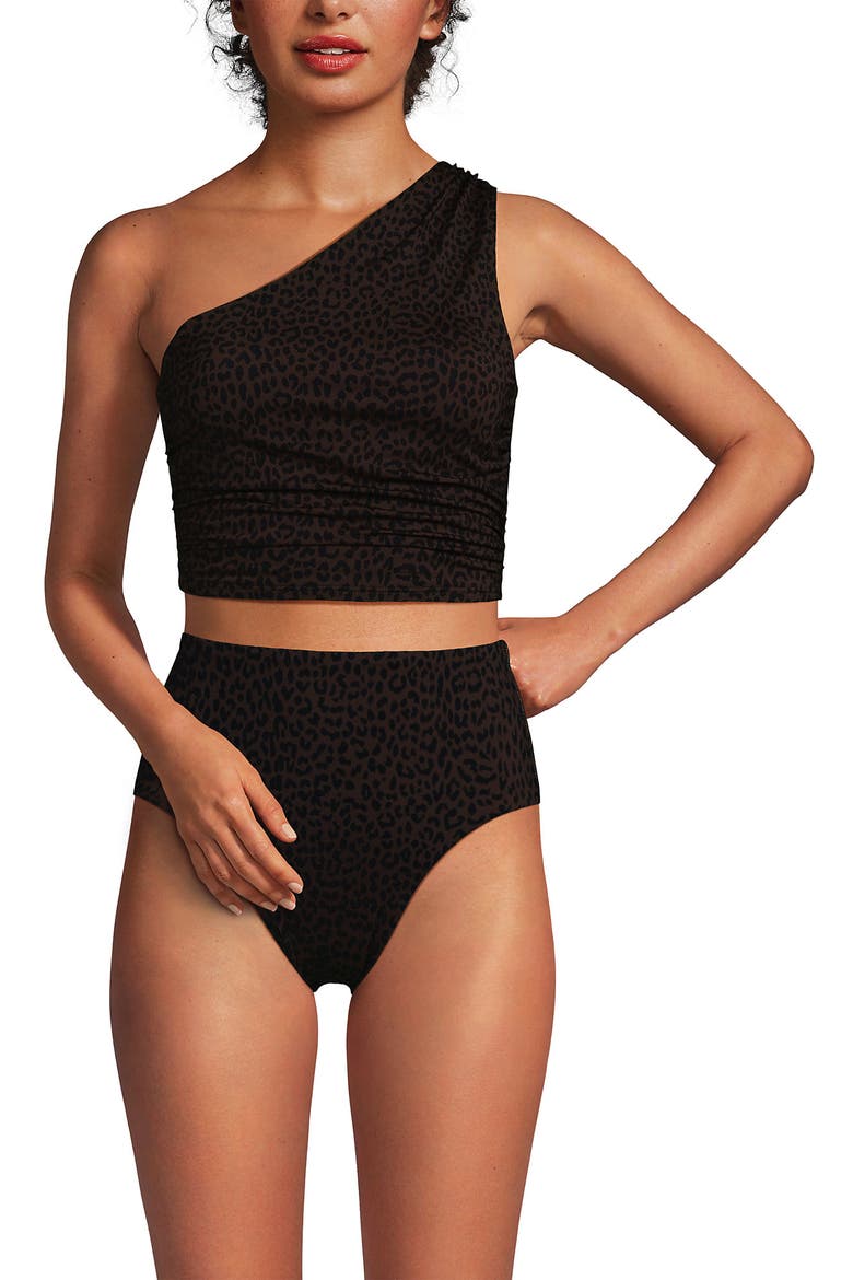 Ruched One Shoulder Midkini Swimsuit Top, Main, color, Brown Leopard