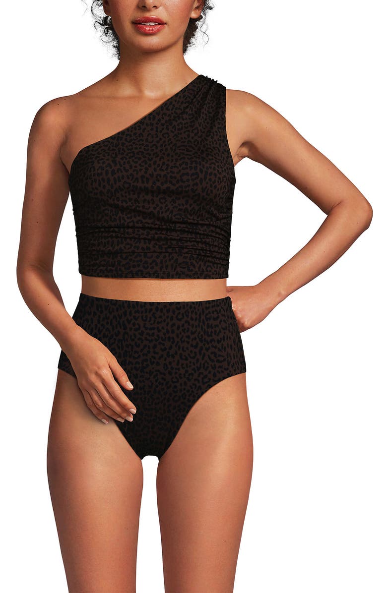 Lands' End Ruched One Shoulder Midkini Swimsuit Top, Main, color, Brown Leopard