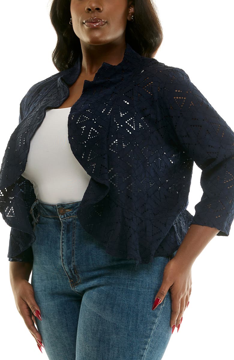 Nina Leonard Ruffle Lace Three-Quarter Sleeve Bolero, Alternate, color, Navy