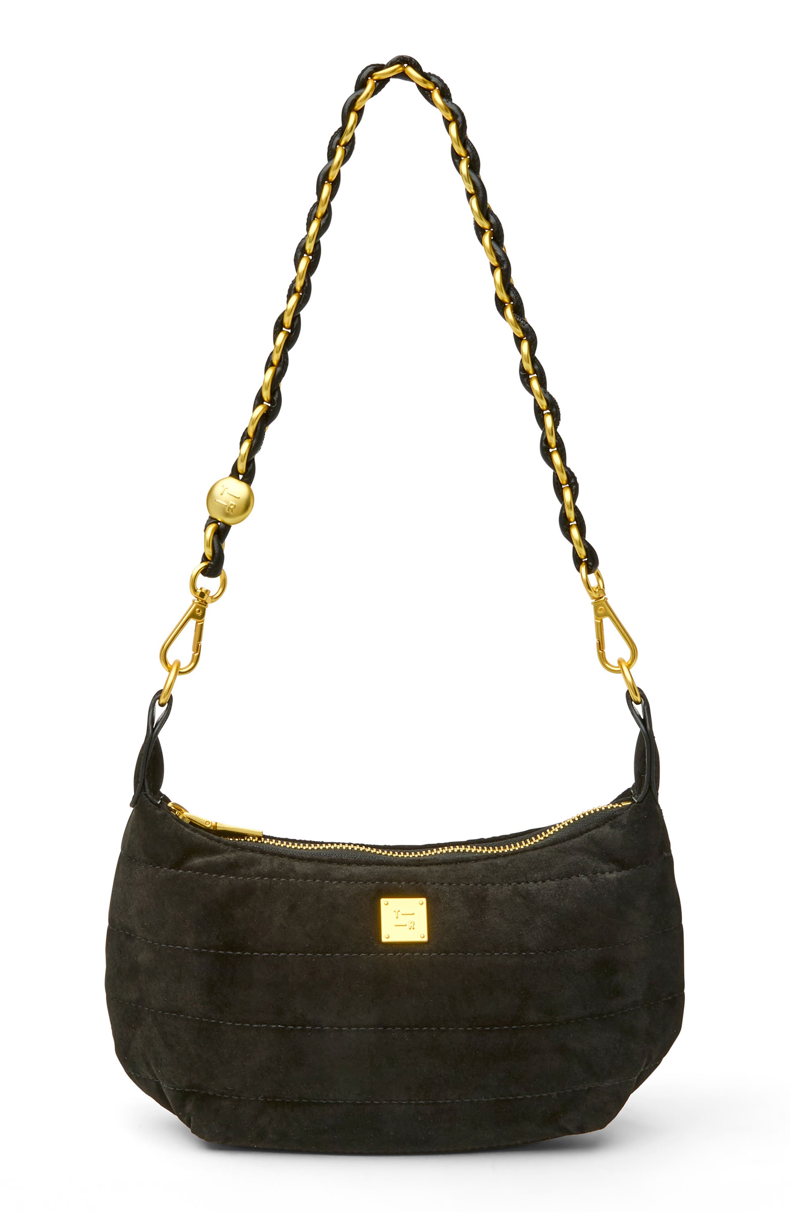 THINK ROYLN Quilted Mini Moon Crossbody Bag, Alternate, color, Black Suede