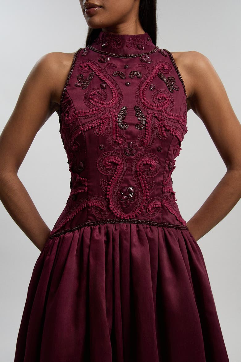 Taffeta High Neck Fit & Flare Dress, Alternate, color, Plum