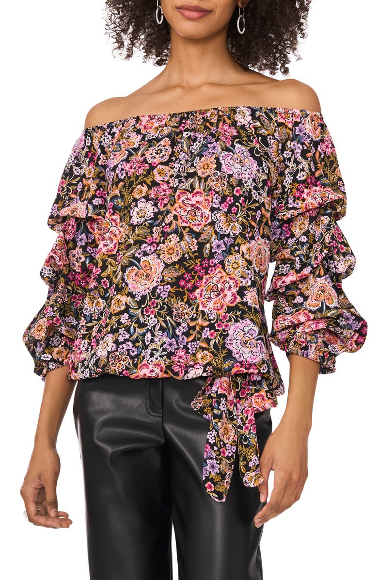 Vince Camuto Floral Ruffle Tie Hem Off the Shoulder Top, Main, color, 