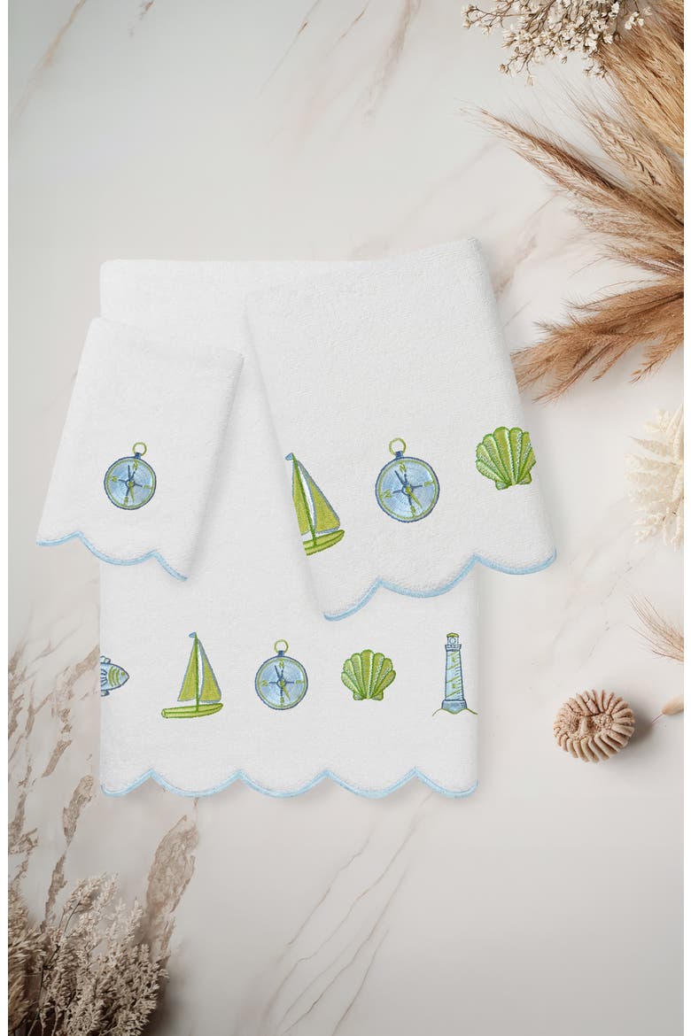 Sea Joy Scallop 3-Piece Embellished Towel Set, Alternate, color, WHITE/ BLUE