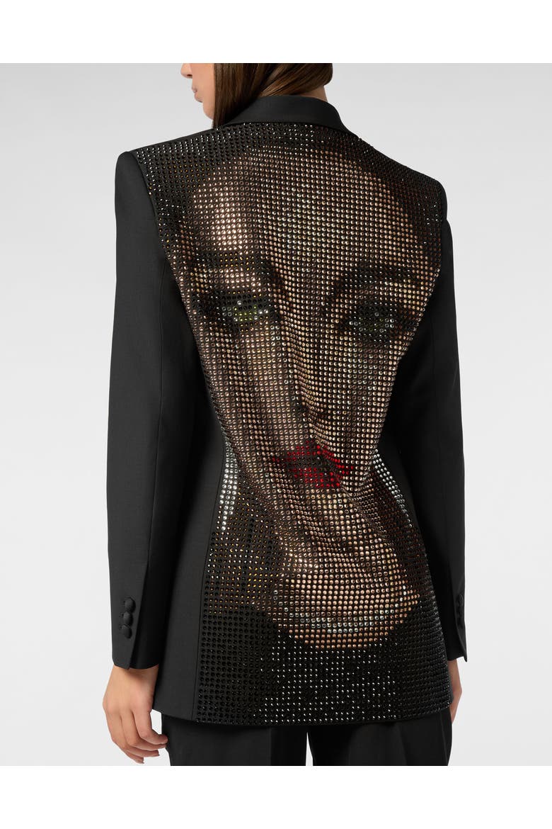 Wool Blazer Boyfriend Fit Face Strass Women, Alternate, color, black