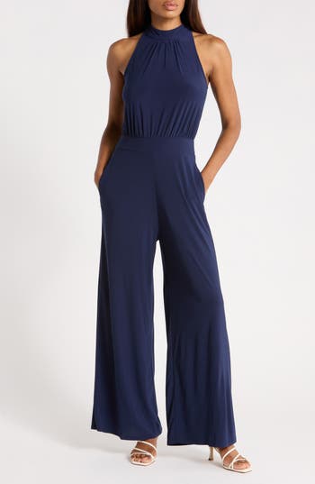 West K Halter Neck Wide Leg Jumpsuit In Navy