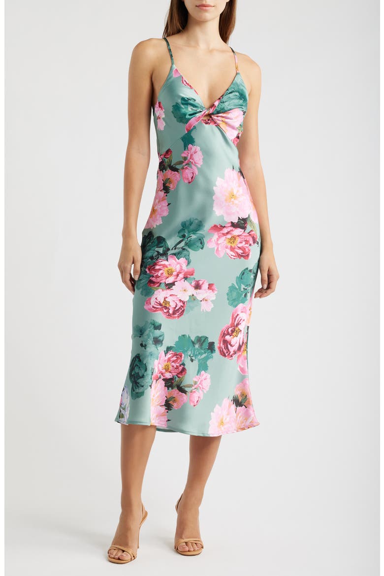 Floral Print Twist Front Satin Slipdress, Main, color, SAGE