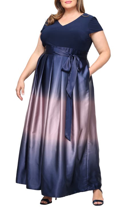 Short Sleeve Jersey Bodice Ombré Satin A-Line Gown (Plus)