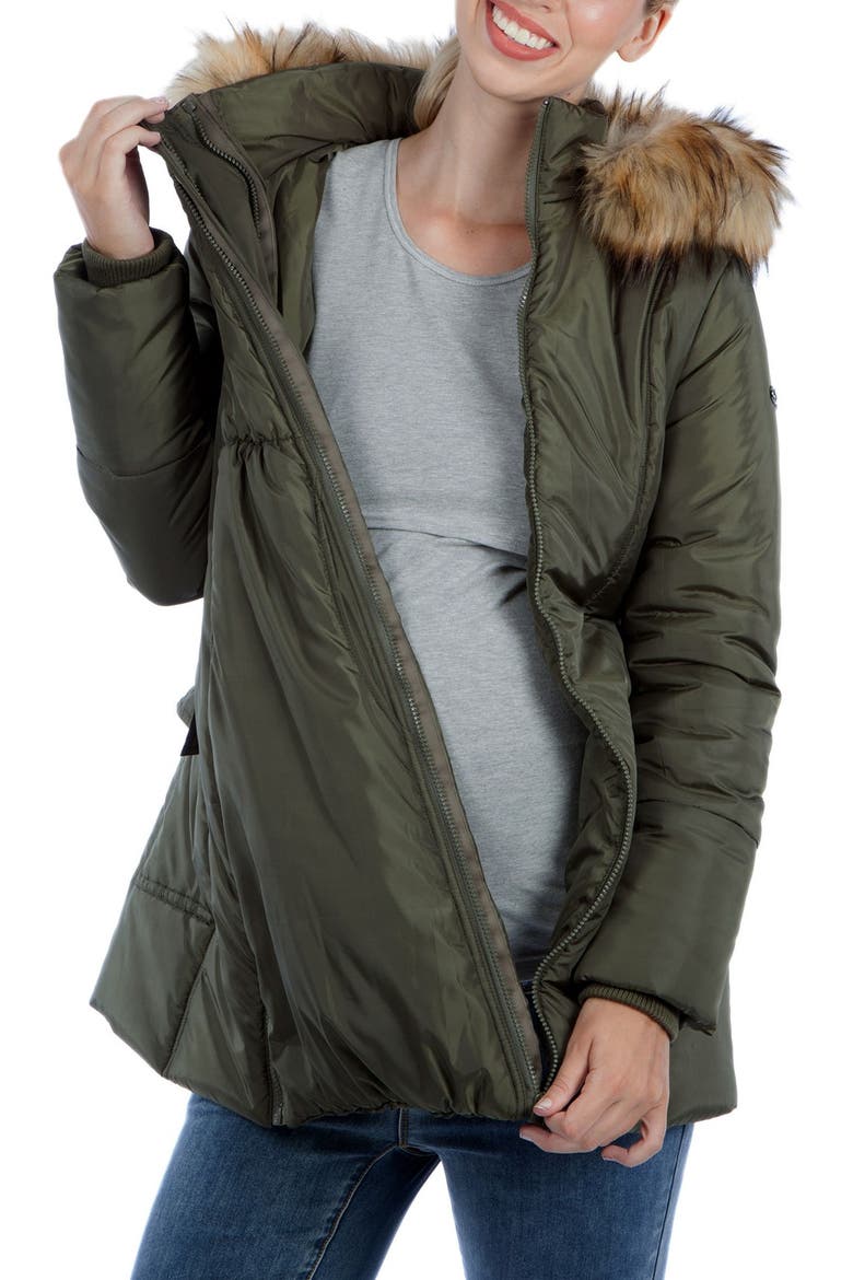 Convertible Maternity Puffer Jacket with Faux Fur Trim, Main, color, KHAKI GREEN