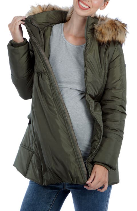Convertible Maternity Puffer Jacket with Faux Fur Trim