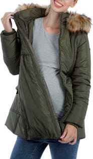 Modern Eternity Convertible Maternity Puffer Jacket with Faux Fur Trim