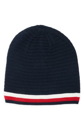 Tommy Hilfiger Stripe Ribbed Ottoman Beanie In Blue