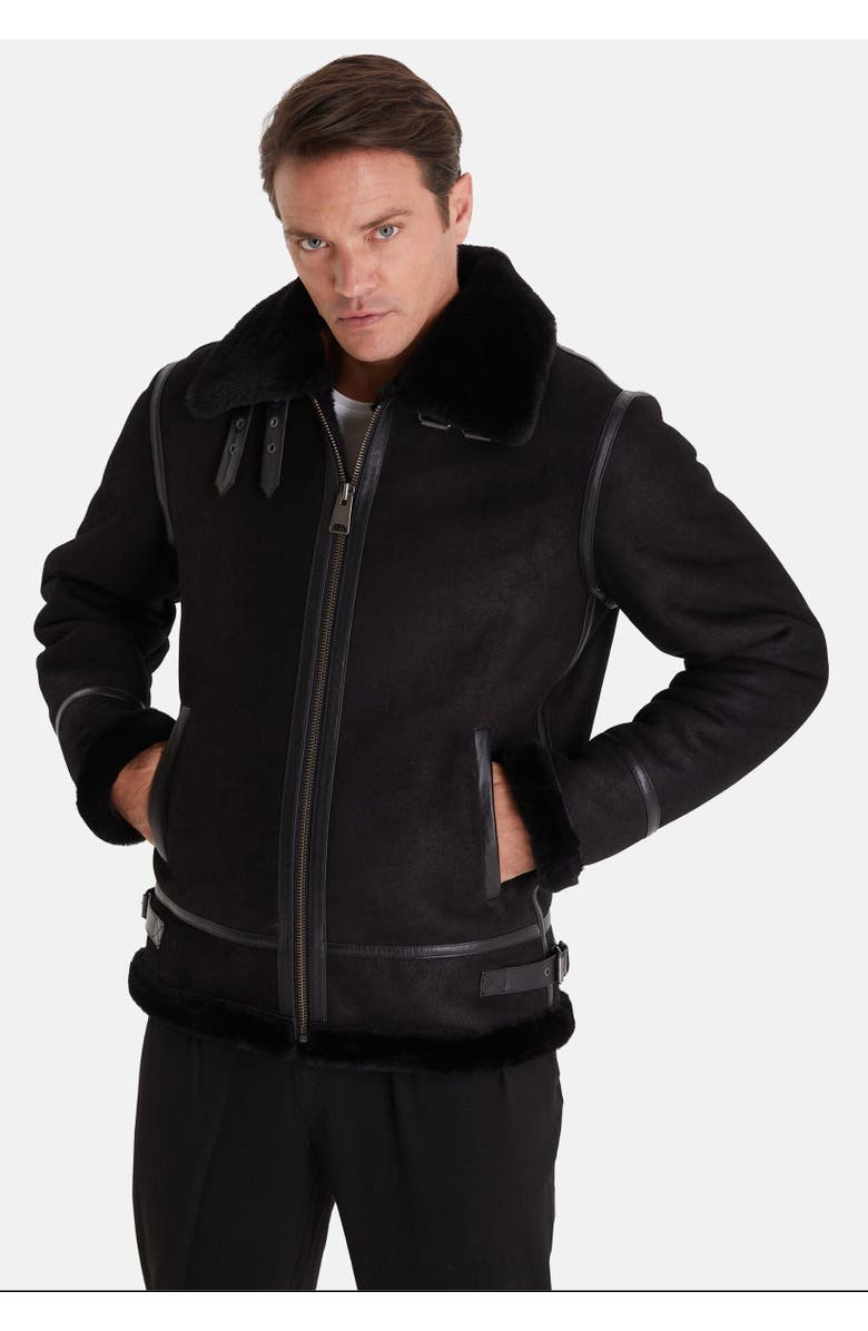 Furniq UK Frederick Shearling Aviator Jacket, Main, color, Black / Black Wool