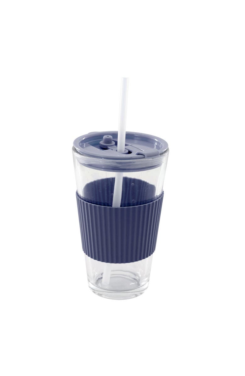 Mr. Coffee Sip Savvy 4 Piece 15 Ounce Silicone Sleeve Glass Cup Set w/ Lid and Straw, Alternate, color, Blue
