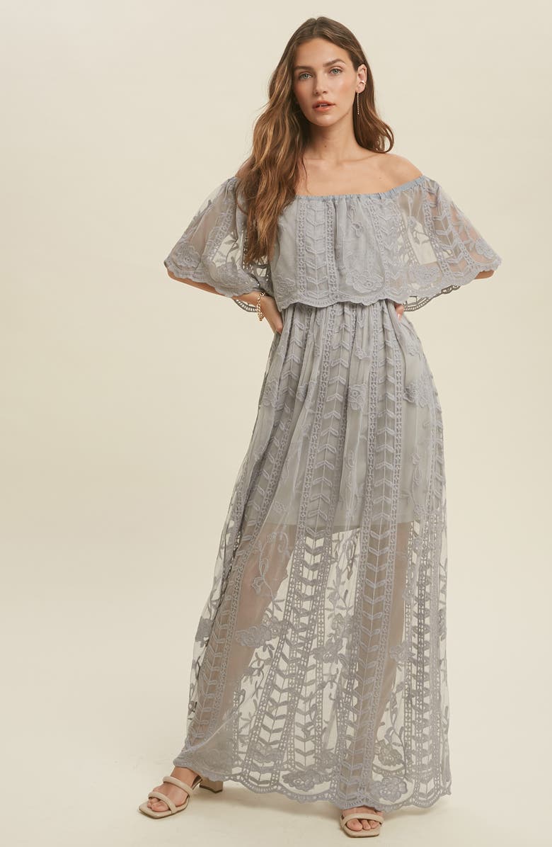 WISHLIST Lace Overlay Off the Shoulder Maxi Dress, Alternate, color, Cloud