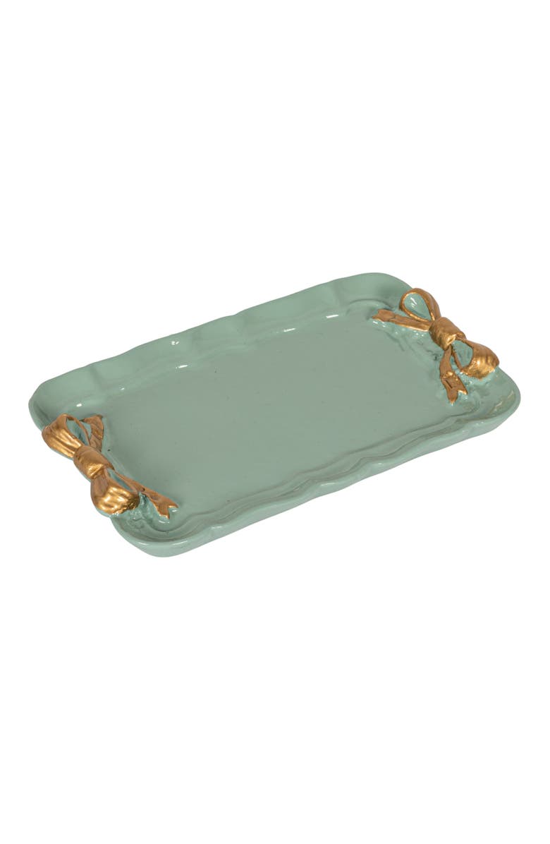 Storied Home Decorative Metal Tray with Gold Finish Bows, Mint Color, Main, color, Green