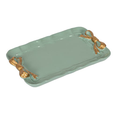 Storied Home Decorative Metal Tray With Gold Finish Bows, Mint Color In Green