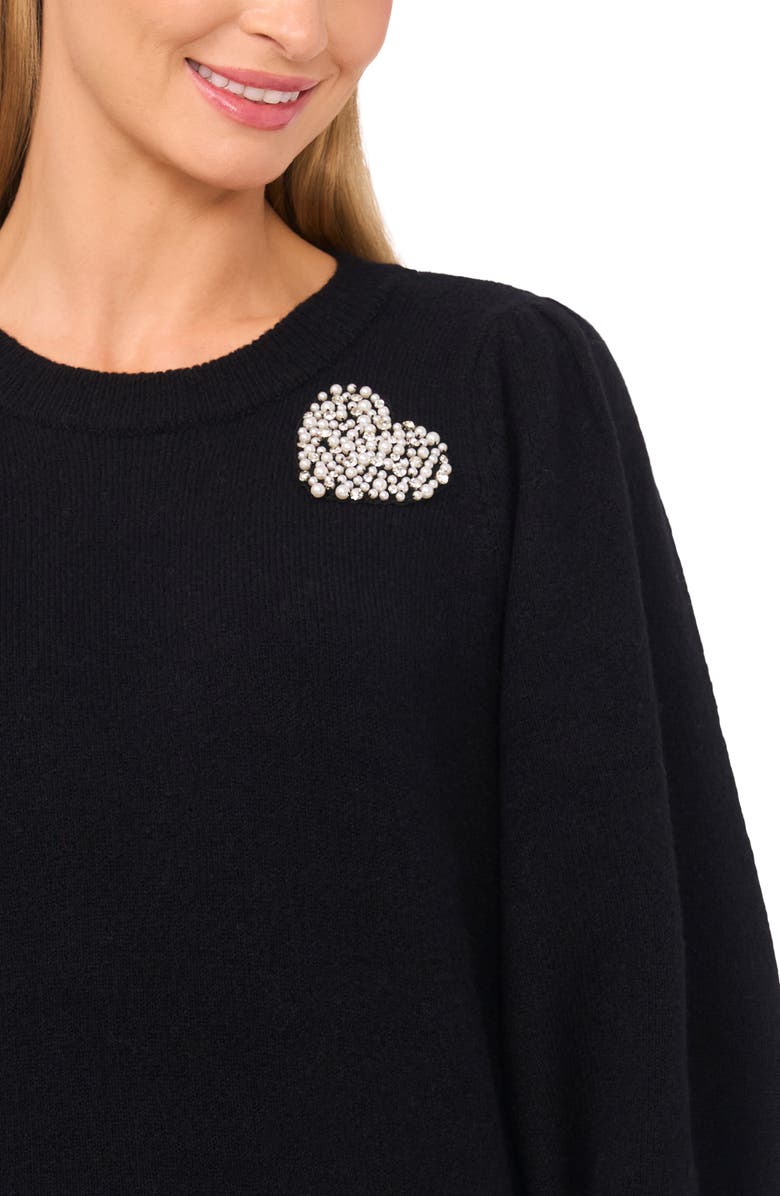 CeCe Faux Pearl Heart Embellished Crewneck Sweater, Alternate, color, Rich Black