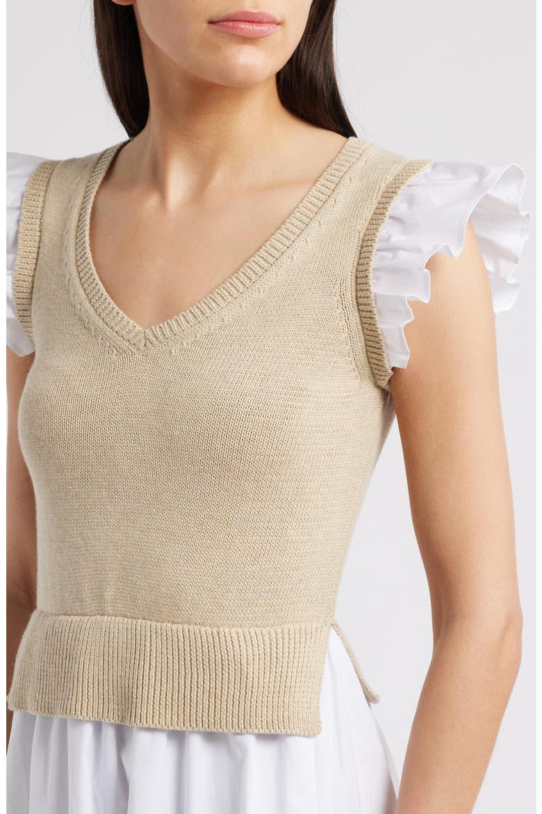 Mixed Media Tiered Cotton Poplin Dress, Alternate, color, KHAKI
