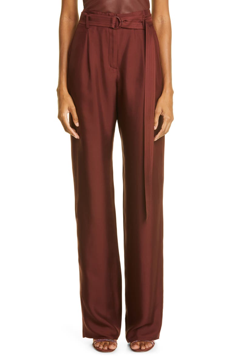 Belted Wide Leg Silk Twill Trousers, Main, color, MAHOGANY