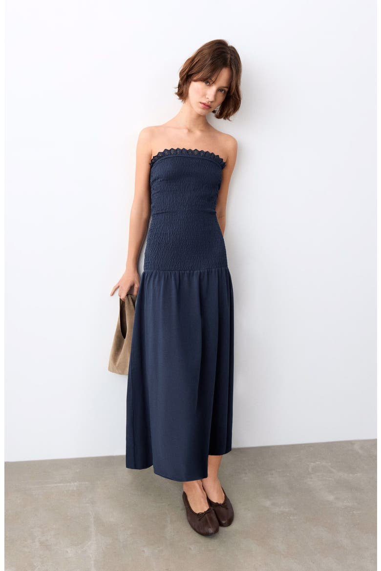Smocked Strapless Maxi Dress, Alternate, color, NAVY
