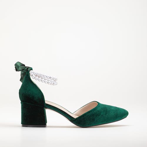 Forever & Always Shoes Women's Miranda - Emerald Green Velvet Heels With Pearls In Emerald Green