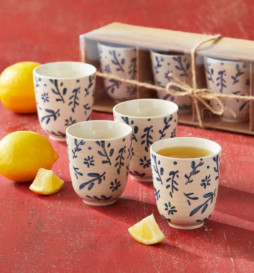 Tag American Rustic Blue Beige Stoneware Tea Cup Set Of Four In Blue