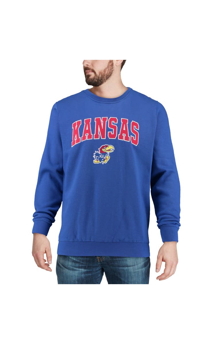 COLOSSEUM Men's Colosseum Royal Kansas Jayhawks Arch & Logo Crew Neck Sweatshirt, Alternate, color, Royal