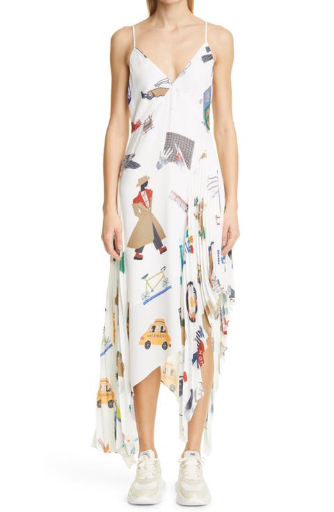 NYC Scrapbook Print Pleated Asymmetric Slipdress